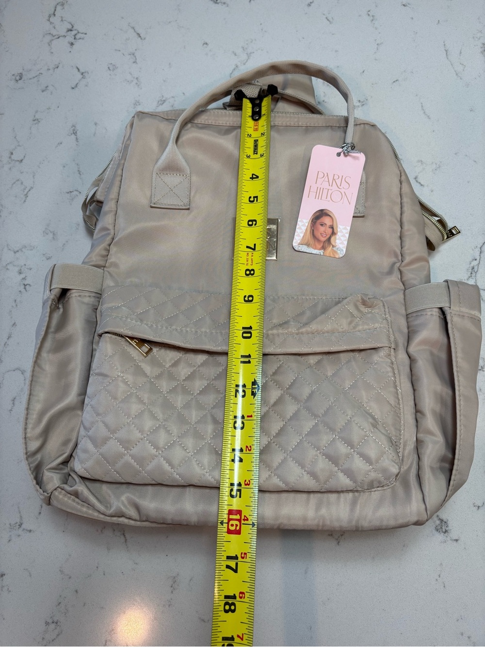 New Paris Hilton Quilted Cream Travel Laptop Backpack with Gold Accents - Picture 6 of 8